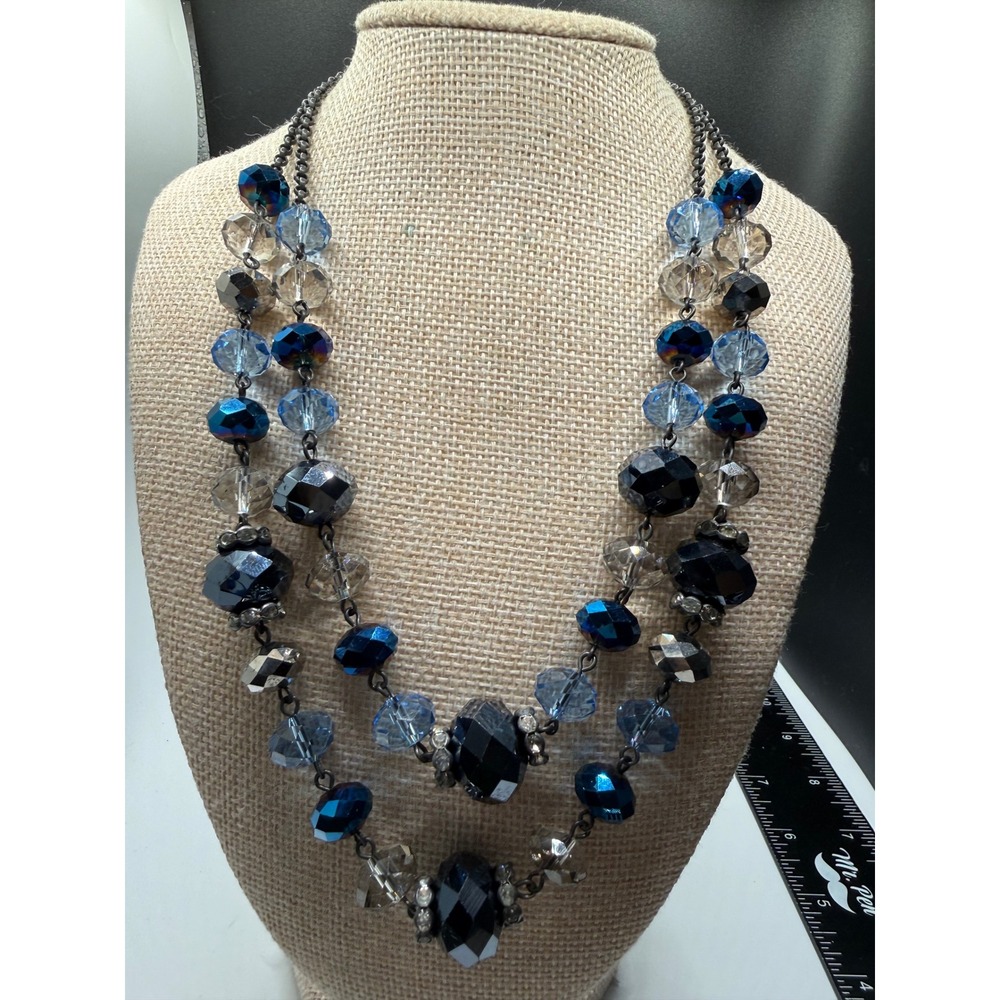 Crown Trifari‎ Double Strand Blue Grey Faceted Glass Bead Necklace Gunmetal
